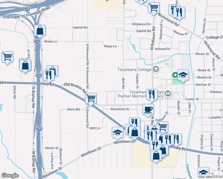 map of restaurants, bars, coffee shops, grocery stores, and more near 100 Babb Lane in Texarkana