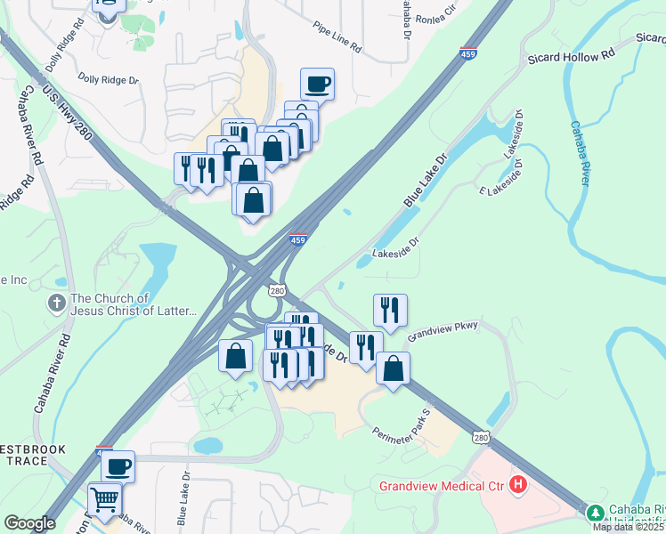 map of restaurants, bars, coffee shops, grocery stores, and more near 3500 Blue Lake Drive in Birmingham