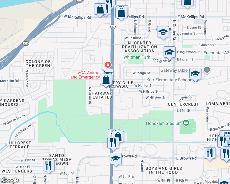map of restaurants, bars, coffee shops, grocery stores, and more near 2 West Farmstead West in Mesa