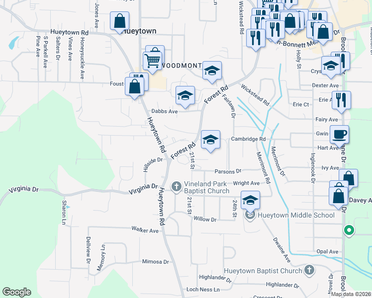 map of restaurants, bars, coffee shops, grocery stores, and more near 112 Forest Road in Hueytown