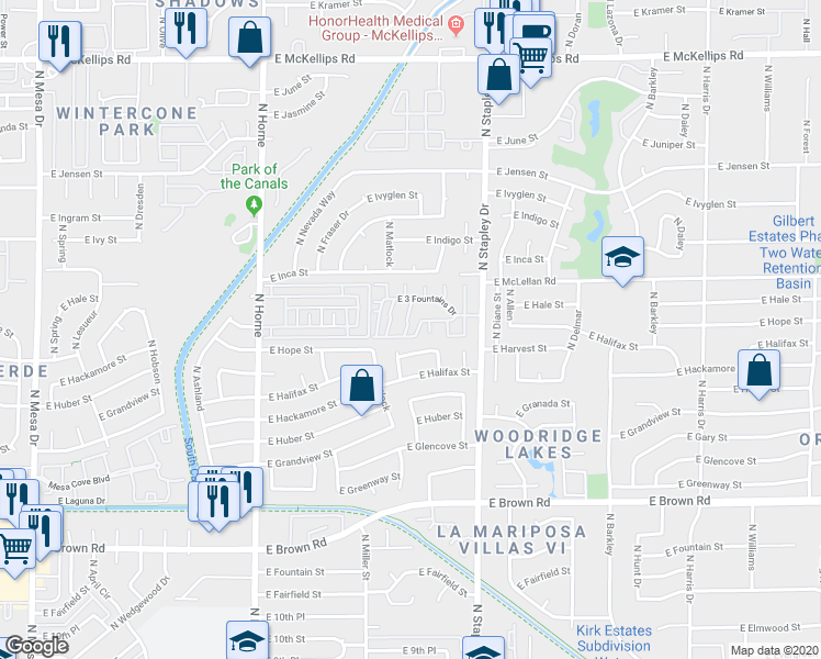map of restaurants, bars, coffee shops, grocery stores, and more near 1445 North Amber in Mesa