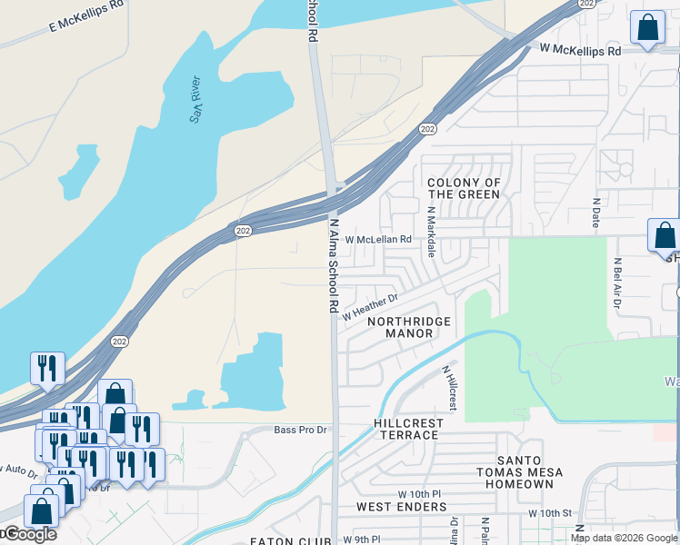 map of restaurants, bars, coffee shops, grocery stores, and more near 1157 West Harvest Street in Mesa