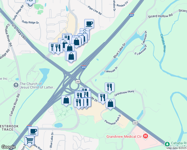 map of restaurants, bars, coffee shops, grocery stores, and more near 3500 Blue Lake Drive in Birmingham