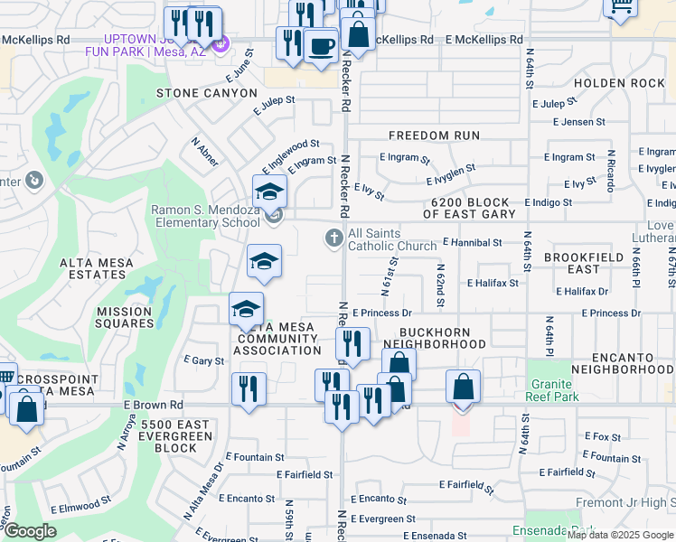 map of restaurants, bars, coffee shops, grocery stores, and more near 1444 North Alta Vista in Mesa