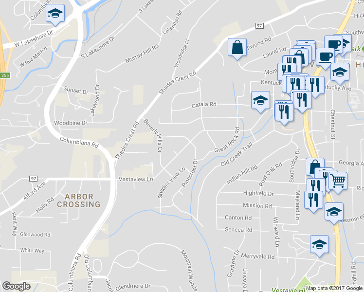 map of restaurants, bars, coffee shops, grocery stores, and more near 1788 Vestaview Lane in Vestavia Hills