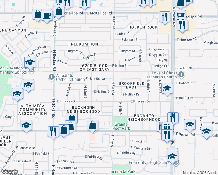 map of restaurants, bars, coffee shops, grocery stores, and more near 6364 East Halifax Street in Mesa