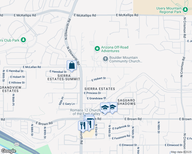 map of restaurants, bars, coffee shops, grocery stores, and more near 9312 East Hobart Street in Mesa