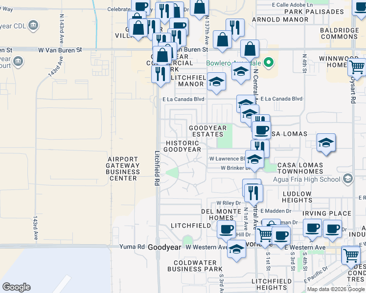 map of restaurants, bars, coffee shops, grocery stores, and more near 111 E Loma Linda Blvd in Goodyear