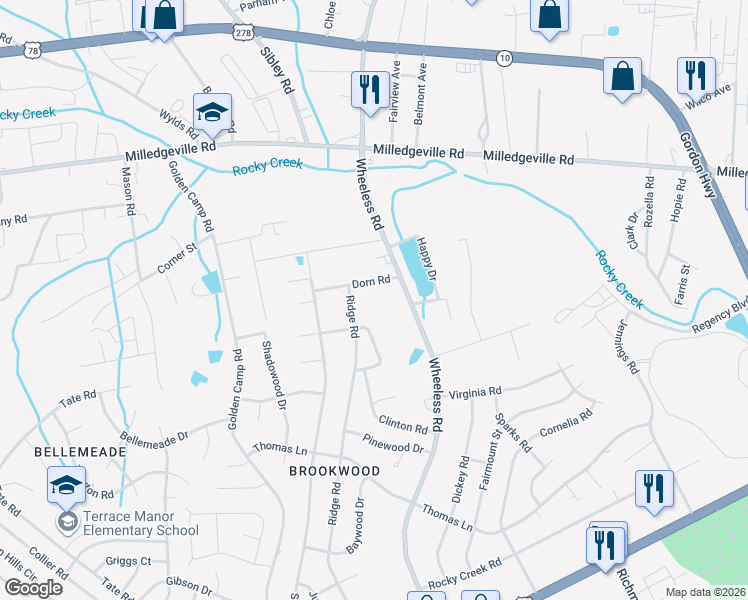 map of restaurants, bars, coffee shops, grocery stores, and more near 2341 Wheeless Road in Augusta