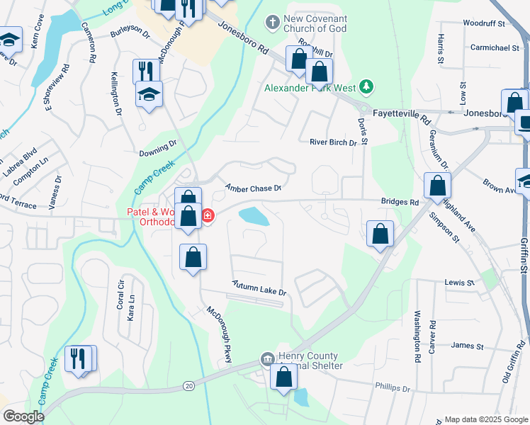 map of restaurants, bars, coffee shops, grocery stores, and more near 107 Lake Terrace in McDonough