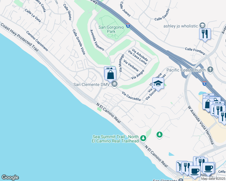 map of restaurants, bars, coffee shops, grocery stores, and more near 2727 Via Cascadita in San Clemente