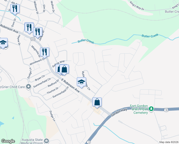 map of restaurants, bars, coffee shops, grocery stores, and more near 655 Butler Springs Circle in Grovetown