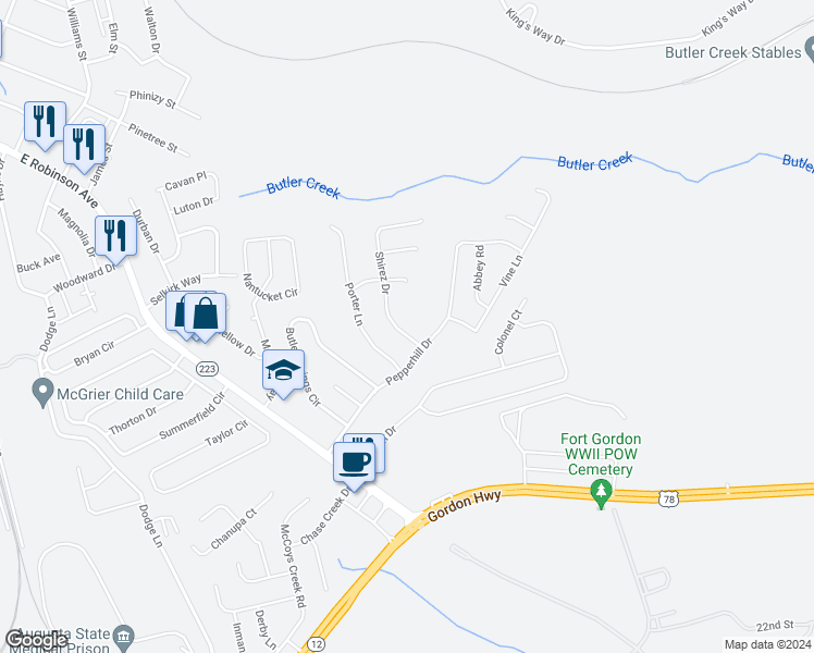 map of restaurants, bars, coffee shops, grocery stores, and more near 804 Shirez Drive in Grovetown