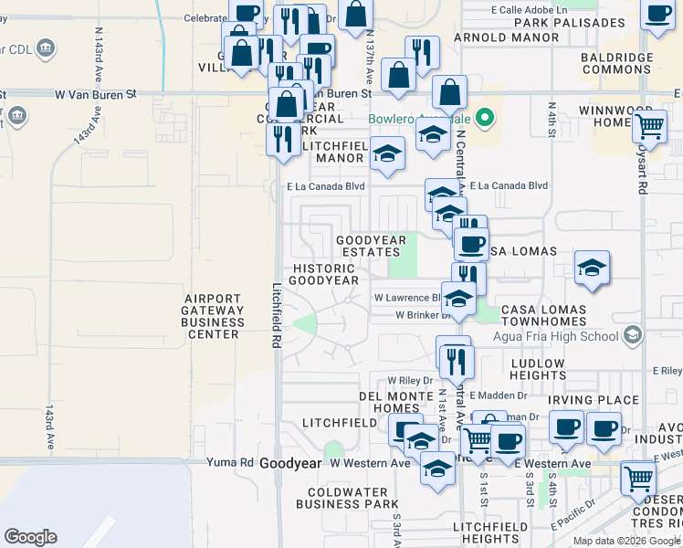 map of restaurants, bars, coffee shops, grocery stores, and more near 111 East Loma Linda Boulevard in Goodyear