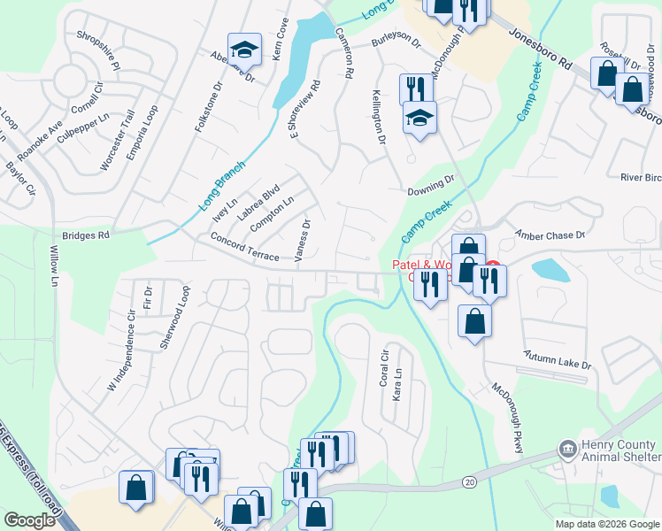 map of restaurants, bars, coffee shops, grocery stores, and more near 101 Escalade Drive in McDonough