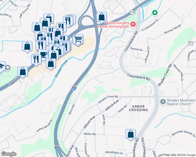 map of restaurants, bars, coffee shops, grocery stores, and more near 2 Abbey Lane in Birmingham