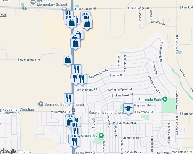 map of restaurants, bars, coffee shops, grocery stores, and more near 402 Mission Arch Drive in Roswell