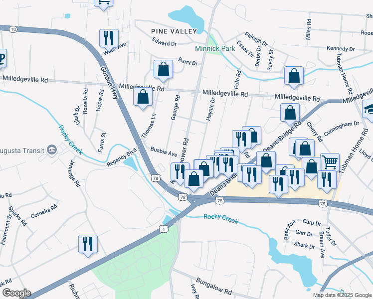 map of restaurants, bars, coffee shops, grocery stores, and more near 1942 Kissingbower Road in Augusta