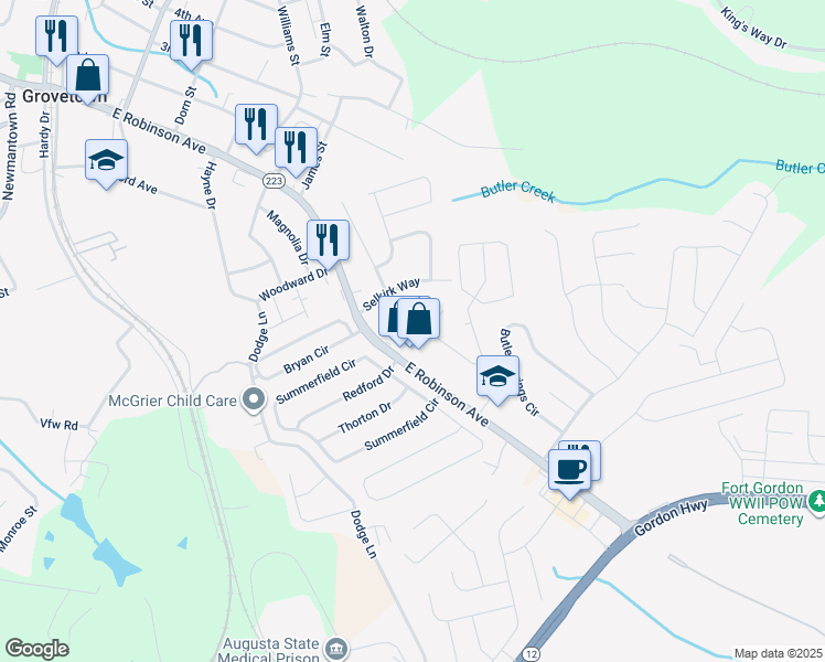 map of restaurants, bars, coffee shops, grocery stores, and more near 4308 Felmellow Drive in Grovetown