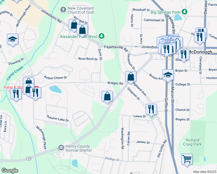 map of restaurants, bars, coffee shops, grocery stores, and more near 150 Hampton Circle in McDonough
