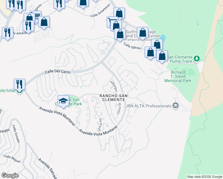 map of restaurants, bars, coffee shops, grocery stores, and more near 23 I Street in San Clemente