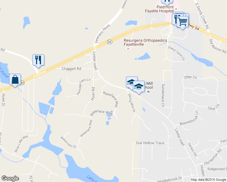 map of restaurants, bars, coffee shops, grocery stores, and more near 106 Waterlace Way in Fayetteville