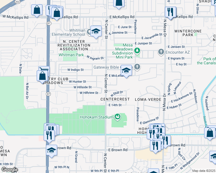 map of restaurants, bars, coffee shops, grocery stores, and more near 5 East Hillside Street in Mesa