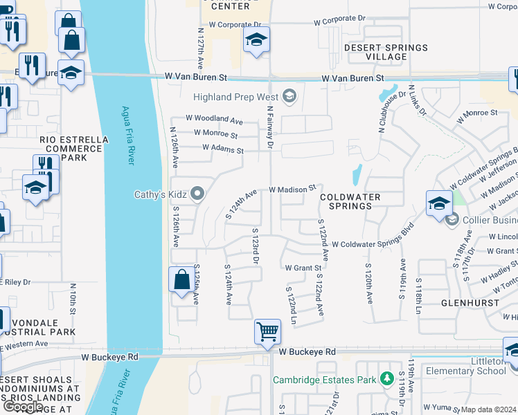 map of restaurants, bars, coffee shops, grocery stores, and more near 12352 West Jackson Street in Avondale