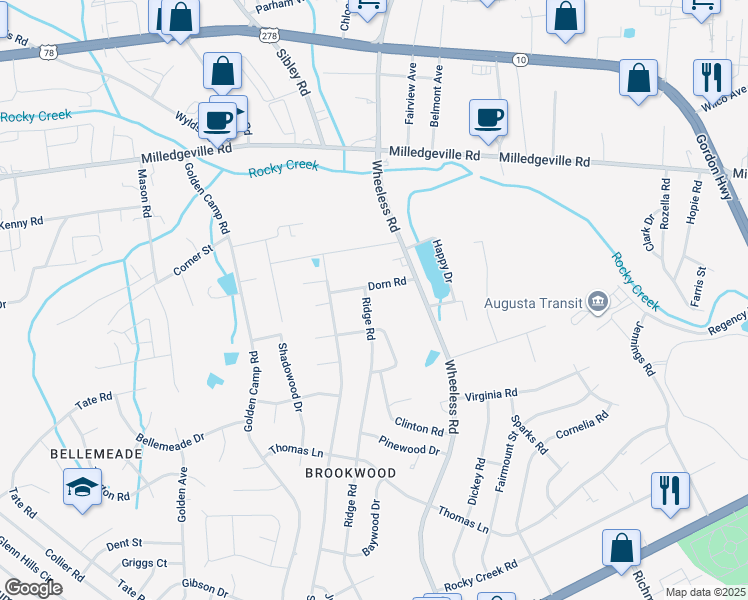 map of restaurants, bars, coffee shops, grocery stores, and more near 2306 Ridge Road in Augusta