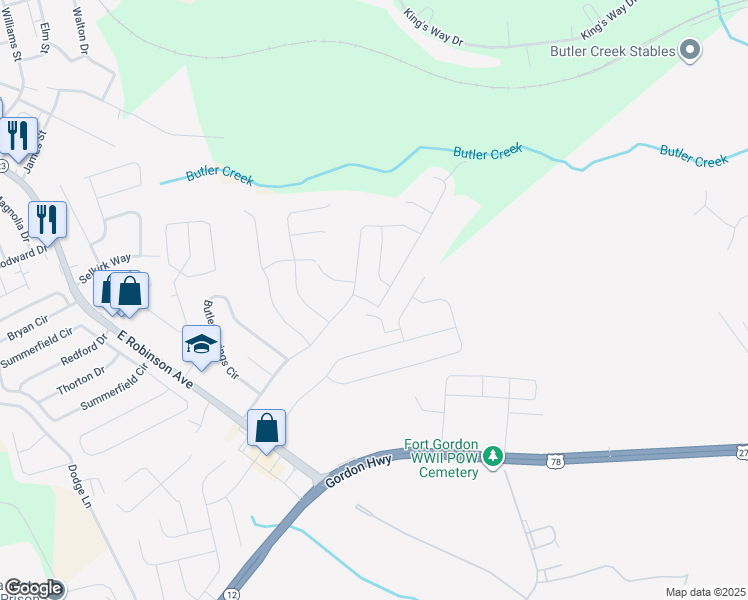 map of restaurants, bars, coffee shops, grocery stores, and more near 1043 Vine Lane in Grovetown