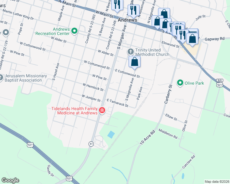 map of restaurants, bars, coffee shops, grocery stores, and more near 510 South Rosemary Avenue in Andrews