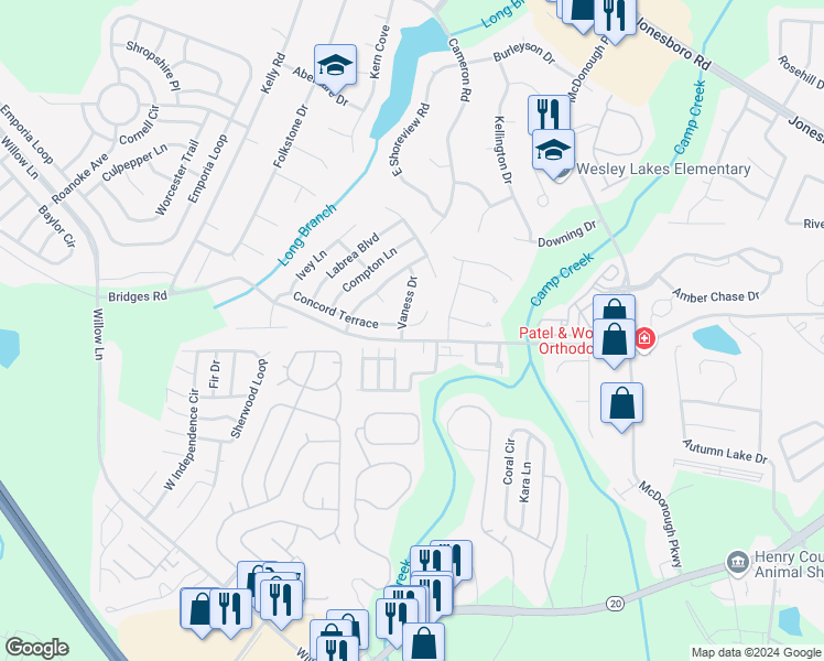 map of restaurants, bars, coffee shops, grocery stores, and more near 312 Concord Terrace in McDonough