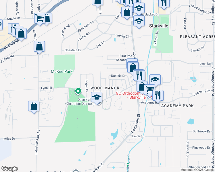 map of restaurants, bars, coffee shops, grocery stores, and more near 14 Camelia Place in Starkville