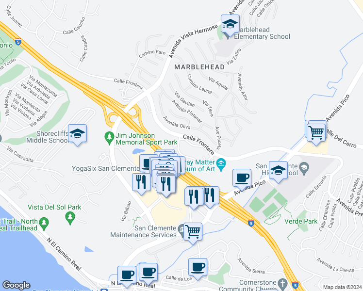 map of restaurants, bars, coffee shops, grocery stores, and more near 2191 Avenida Espada in San Clemente