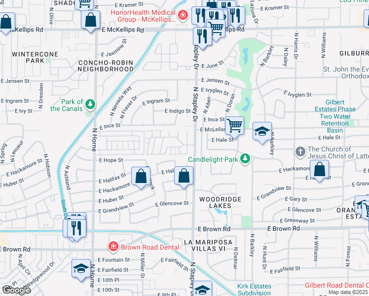 map of restaurants, bars, coffee shops, grocery stores, and more near 1550 North Stapley Drive in Mesa