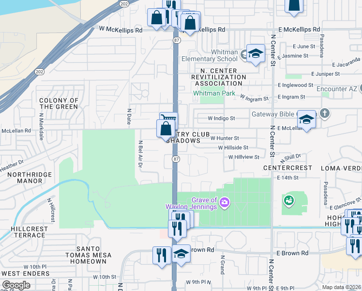 map of restaurants, bars, coffee shops, grocery stores, and more near 2 West Farmstead West in Mesa