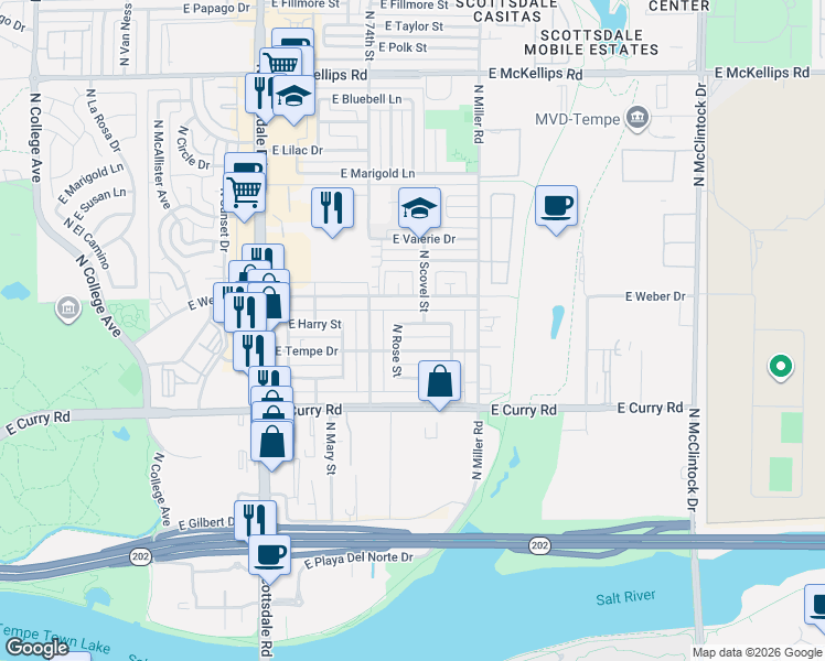 map of restaurants, bars, coffee shops, grocery stores, and more near 1130 East Tempe Drive in Tempe