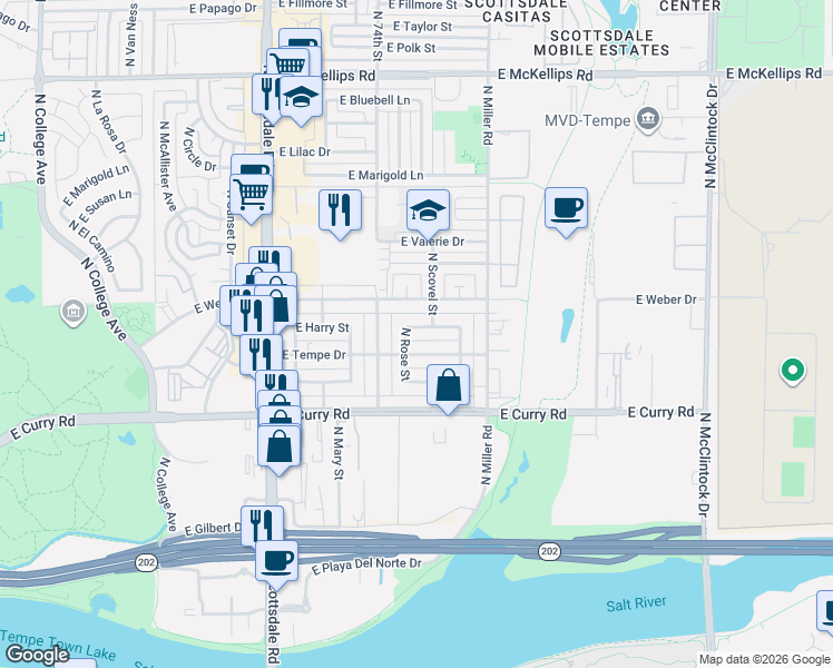 map of restaurants, bars, coffee shops, grocery stores, and more near 1130 East Tempe Drive in Tempe