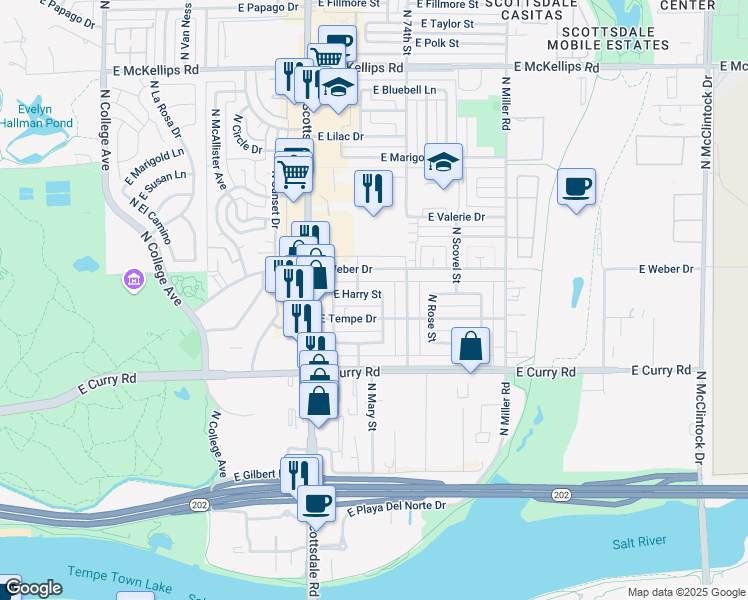 map of restaurants, bars, coffee shops, grocery stores, and more near 1010 East Tempe Drive in Tempe