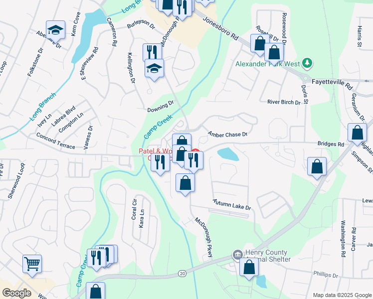 map of restaurants, bars, coffee shops, grocery stores, and more near 427 McDonough Parkway in McDonough