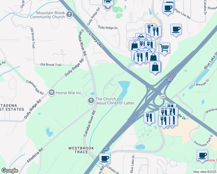 map of restaurants, bars, coffee shops, grocery stores, and more near 3120 Cahaba River Road in Birmingham