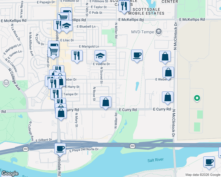 map of restaurants, bars, coffee shops, grocery stores, and more near 1226 North Miller Road in Tempe