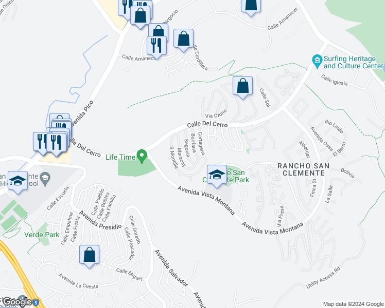 map of restaurants, bars, coffee shops, grocery stores, and more near 27 Burriana in San Clemente