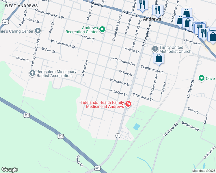 map of restaurants, bars, coffee shops, grocery stores, and more near 202 West Juniper Street in Andrews