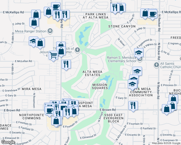 map of restaurants, bars, coffee shops, grocery stores, and more near Alta Mesa Country Club in Mesa