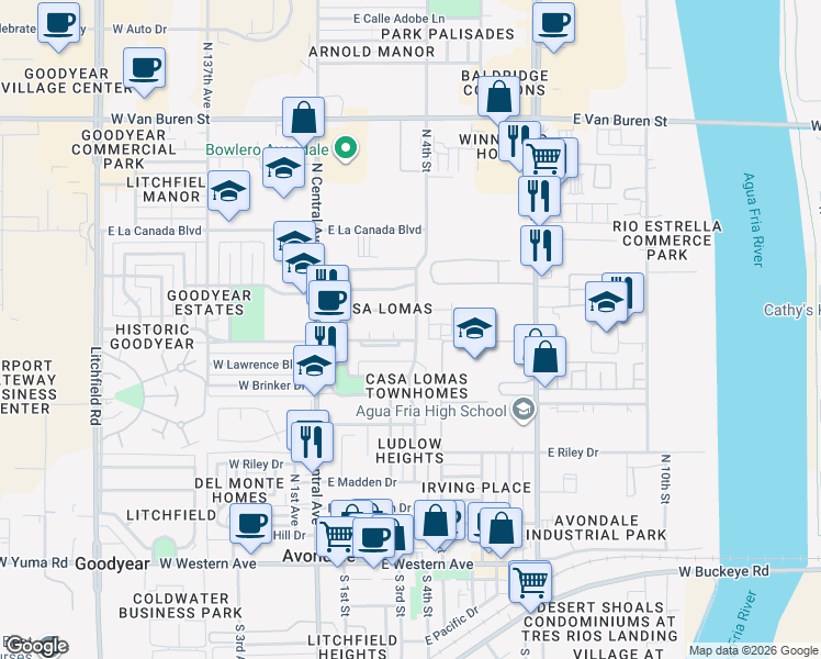 map of restaurants, bars, coffee shops, grocery stores, and more near 707 North 4th Street in Avondale