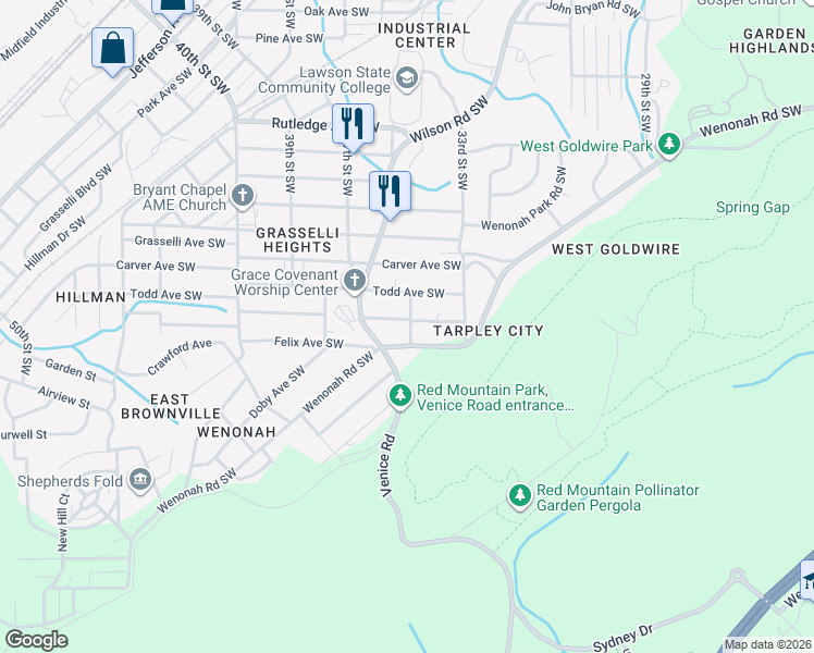 map of restaurants, bars, coffee shops, grocery stores, and more near 3502 Wenonah Road Southwest in Birmingham