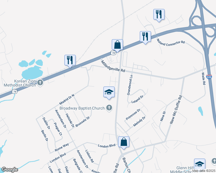 map of restaurants, bars, coffee shops, grocery stores, and more near 2321 Marlette Court in Augusta
