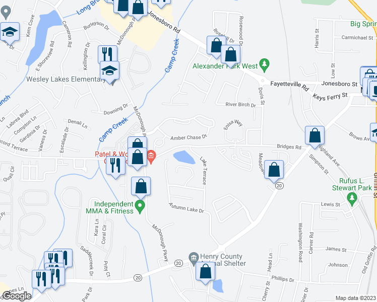 map of restaurants, bars, coffee shops, grocery stores, and more near 103 Lake Terrace in McDonough