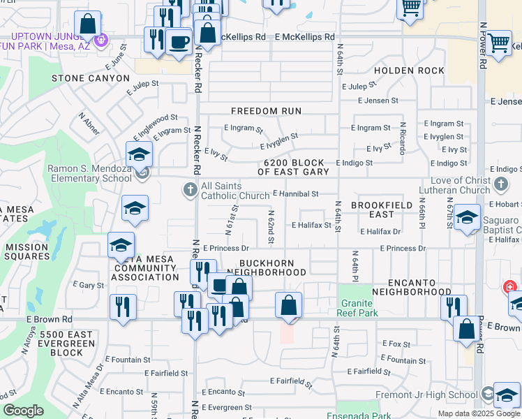 map of restaurants, bars, coffee shops, grocery stores, and more near 1450 North 62nd Street in Mesa